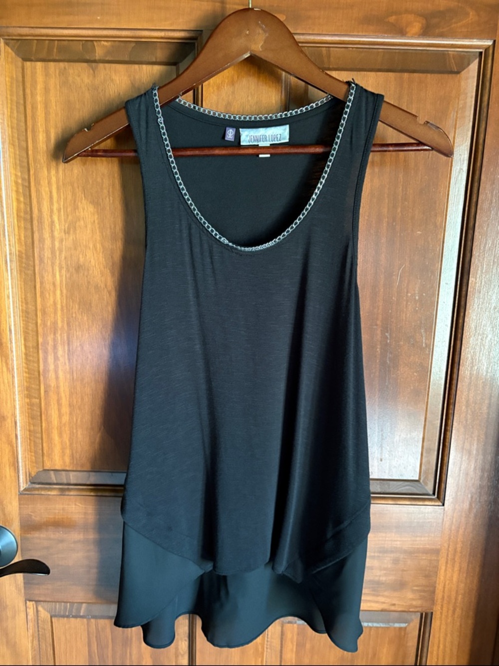 Black Tank with Chain-Trim Scoop Neck, Dual Textured, High/Low XS